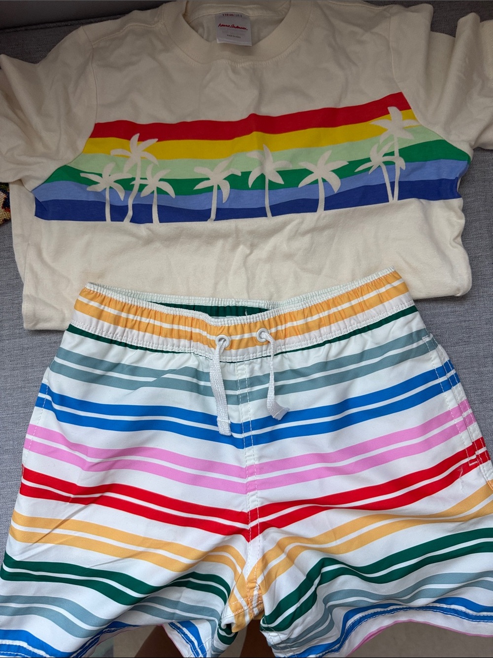Hanna Andersson Rainbow Stripe Swim Shorts with matching tee